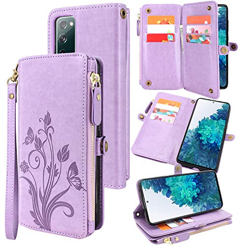 Lacass [Cards Theft Scan Protection 10 Card Slots Holder Zipper Pocket Wallet Case Flip Leather Cover with Wrist Strap Magnetic Closure Stand for Samsung Galaxy S20 FE 5G(Purple)