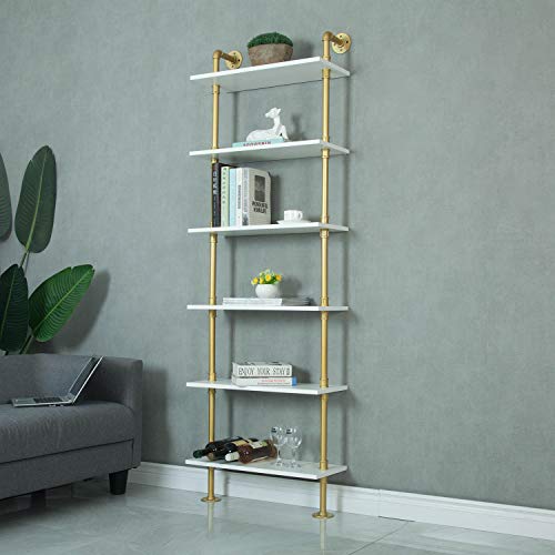 WGX Design For You Industrial 6-Tiers Modern Ladder Shelf Bookcase,Wood Storage Shelf,Display Shelving, Wall Mounted Wood Shelves(Gold)