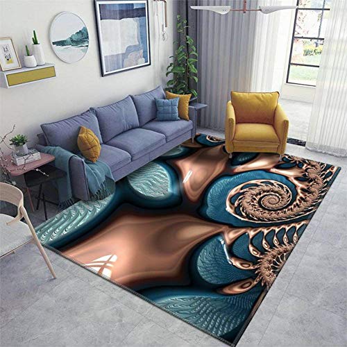 Violetatelier Home Area Rug, Teal and Chocolate Swirl Blue Brown Fractal Spirals Rugs for Living Room Bedroom Dining Room Playroom Sofa Indoor, 63×94 Inch