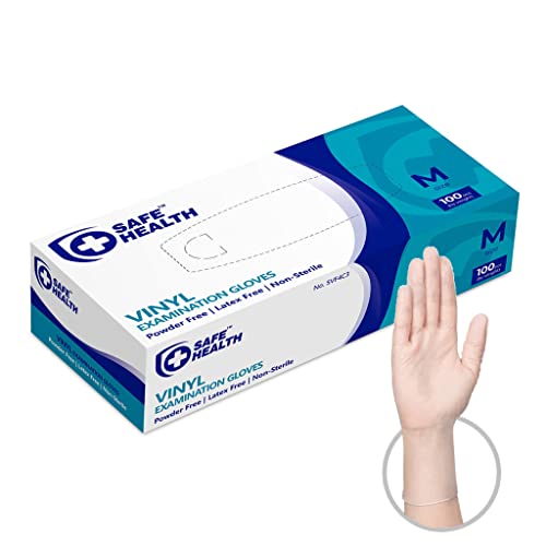 Safe Health Vinyl Exam Disposable Gloves, Latex Free, Powder Free, Clear, Box of 100, Medium, 3.5 mil, Medical Grade, Nursing, Office, Kitchen, Pet Care, Cleaning, Housework