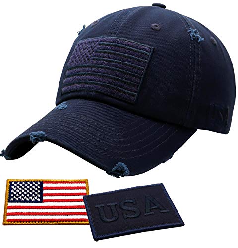 Antourage American Flag Hat for Men and Women | Vintage Baseball Tactical Hat Cap with USA Flag + 2 Patriotic Patches ((05) Navy)