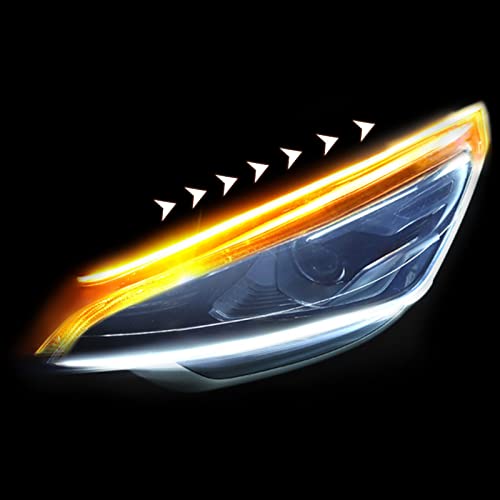 surpassme 2PC 24 Inch Dual Color Red/Sequence Amber LED Headlight Strip Tube, Waterproof Flexible Adhesive Daytime Running Lights DRL Switchback Glow Light Strip Headlight Decorative Lamp for Car