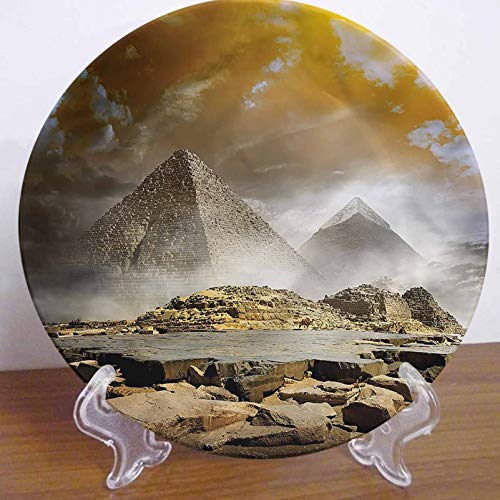 LCGGDB 6 Inch Egyptian Pattern Ceramic Hanging Decorative Plate,Ancient Culture Icons Round Porcelain Ceramic Plate for Dining Table Setting, Wedding Reception Decorations, Christmas Tablescape