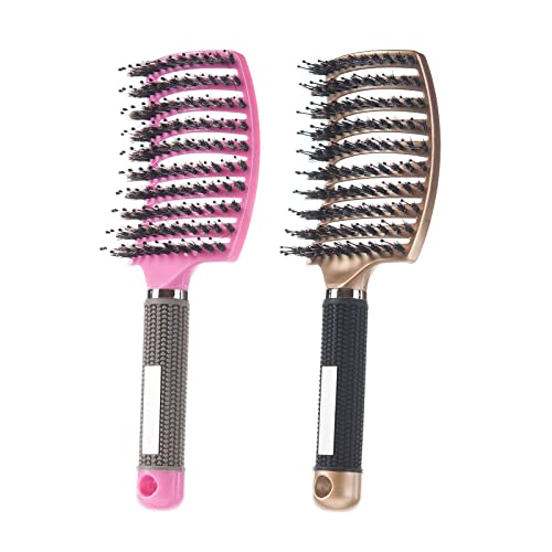 2 Pack Boar Bristle Hair Brush, Curved and Vented Detangling Hair Brush For Long, Thick, Thin, Curly & Tangled, Wet & Dry Hair Detangler (Gold, Pink)