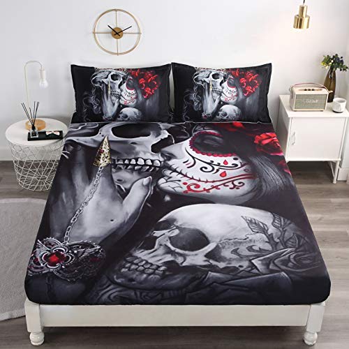 3D Dead Sugar Skull Girl Kissing Skull Home Bed Fitted Sheet Set Soft Microfiber Breathable Bedding All-Round Elastic Pocket Queen Size Fitted Sheet and 2*Pillowcases (Queen)