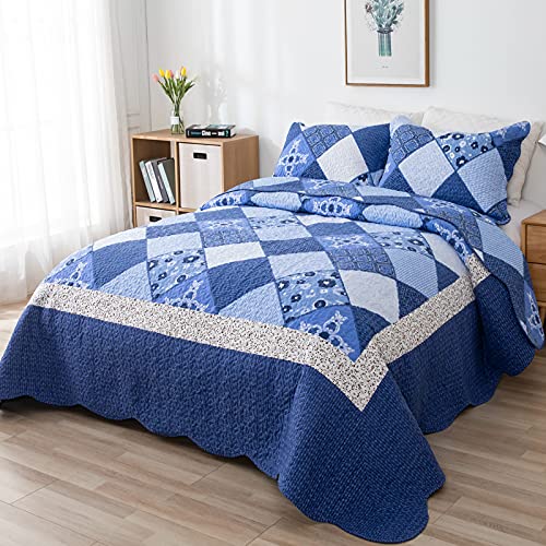Blue Patchwork Quilt Set Queen Size Floral Reversible Quilted Bedspread Coverlet Set 3-Piece Lightweight Comforter Stitched Quilt Bedding Set Bed Sheet Cover Blanket with 2 Pillow Shams for All Season