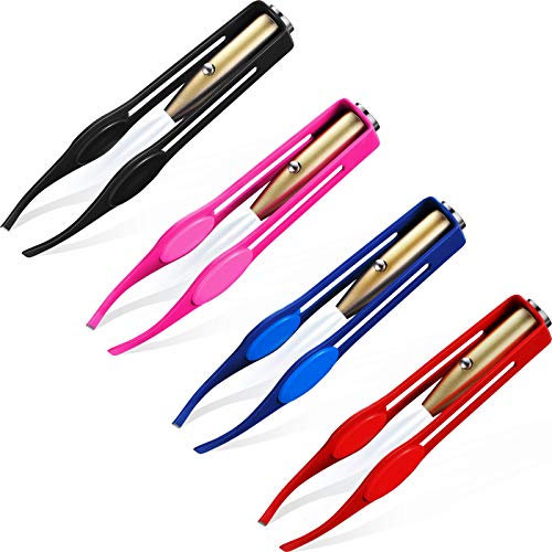 4 Pieces Tweezers with Light, Led Tweezers Stainless Steel Makeup LED Light Eyelash Eyebrow Hair Removal Illuminating Lighted Tweezers for Men and Women (Black, Red, Rose Red, Dark Blue)