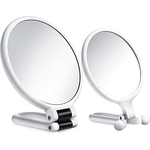 WILLBOND 2 Pieces 15x Magnifying Handheld Mirror and 10x Travel Makeup Mirror, Folding Double Sided Pedestal Mirror Hand Mirror with 1/ 15x 1/ 10x Magnification (White)
