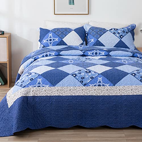 VIVILINEN Quilted Bedspread Coverlet Set 3 Piece Queen Size Blue Patchwork Reversible Print Quilt Sets Lightweight Vintage Floral Bedding Cover with 2 Pillow Shams,90″ x 98″