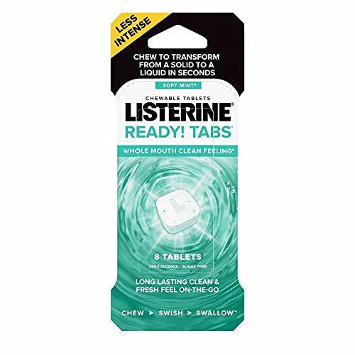Listerine Ready! Tabs Chewable Tablets with Soft Mint Flavor, Revolutionary 4-Hour Fresh Breath Tablets to Help Fight Bad Breath On-the-Go, Sugar-Free, Alcohol-Free & Gluten-Free, 8 ct 1 ea