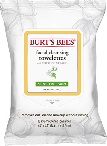 Burt’s Bees Facial Cleansing Towelette Wipes for Sensitive Skin With Cotton Extract, 90 Count (30 Count each) [3 Pack] (Package May Vary)