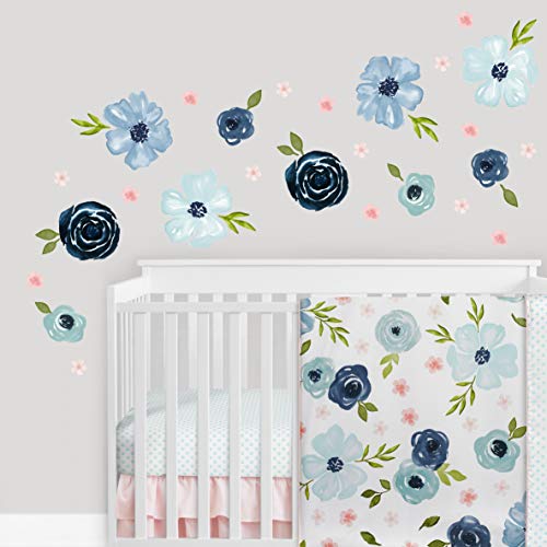 Sweet Jojo Designs Blue Watercolor Floral Large Peel and Stick Wall Decal Stickers Art Nursery Decor Mural – Set of 4 Sheets – Blush Pink Navy Green and White Shabby Chic Rose Flower Farmhouse Boho