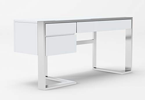Limari Home Salvator Collection Modern Style Home Office Desk with 3 Soft Closing Drawers & Stainless Steel Chrome Base, White High Gloss