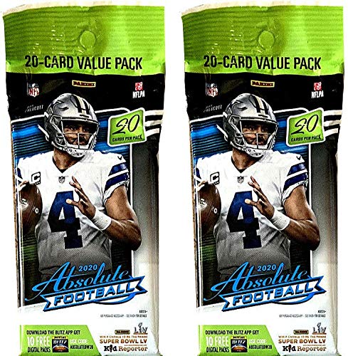 TWO 2020 Panini Absolute NFL Football 20 Card Value Factory Sealed Fat Packs 20 Cards Per Pack, 40 Cards in All Chase rare Autograph Rookie Cards and Parallels of Joe Burrow, Justin Herbert, Tua, Justin Jefferson and stars such as Patrick Mahomes II, Tom
