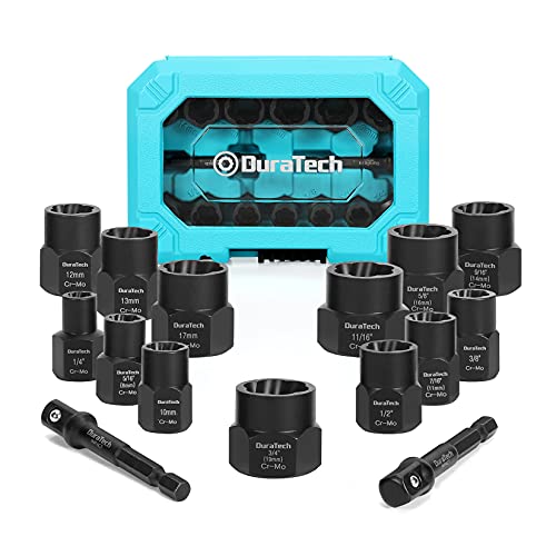 DURATECH 15-piece Impact Bolt&Nut Remover Set, 3/8” Drive Bolt Extractor Socket Tool Set with 2 Hex Adapters, Storage Box, Premium CR-MO Steel Made, SAE & Metric