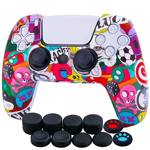 YoRHa Water Transfer Printing Silicone Thickened Cover Skin Case for PS5 Dualsense Controller x 1(Grimace) with Thumb Grips x 10