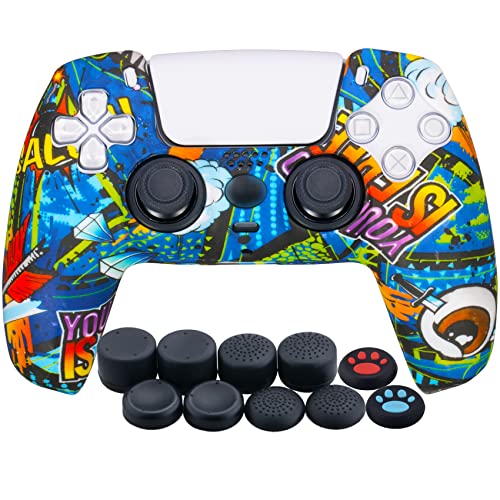 YoRHa Water Transfer Printing Silicone Thickened Cover Skin Case for PS5 Dualsense Controller x 1(Blue Graffiti) with Thumb Grips x 10
