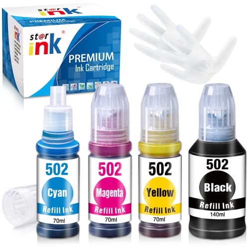 st@r ink Compatible Ink Bottle Replacement for Epson 502 T502 for EcoTank ET-2760 ET-2750 ET-3760 ET-4760 ET-3750 ET-3850 ET-15000 ET-4750 ST-2000 ET-2700 ET-3700 ET-3710 Printer(BK/C/M/Y), 4 Packs