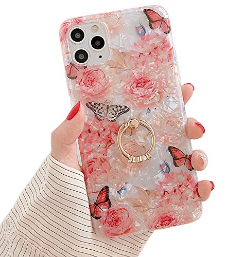 Qokey Compatible with iPhone 11 Pro Max Case,Flower Case Cute Clear for Women Girls with 360 Degree Rotating Ring Kickstand Soft TPU Shockproof Cover Designed for iPhone 11 Pro Max 6.5″ Rose Butterfly