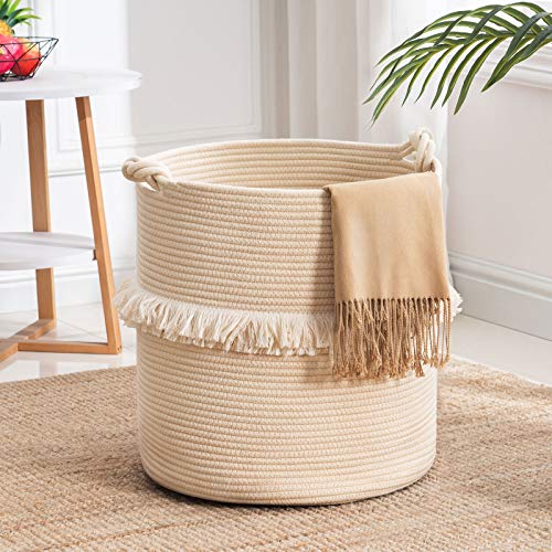 YOUDENOVA Large Woven Rope Storage Basket, Baby Nursery Hamper for Toy&Clothes, Beige Decorative Blanket Basket with Cute Knot Handles & Tassel, Boho Laundry Hamper for Living Room, 15.7 inchx16.9 inch