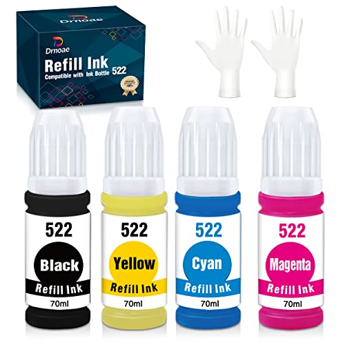 522 Refill Ink Bottle, Drnoae Replacement Compatible for Epson 522 T522 Work with EcoTank Expression Premium ET-4700 ET-2720 ET-2710 Printer – 4 Pack (1 Black, 1 Cyan, 1 Magenta,1 Yellow)