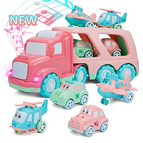 KOODER Cartoon Car Toys Set for 3 4 5 6 Years Old Toddlers Kids, Pink Truck ​with Sound and Light, Pink Car Toy Set in Friction Powered Carrier Truck, Christmas Birthday Gifts for Boys and Girls