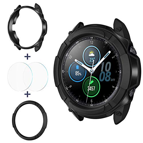 Goton 3 in 1 Accessories for Samsung Galaxy Watch 3 45mm, 1 Rugged TPU Armor Bumper Case +2 Tempered Glass Screen Protector Films + 1 Bezel Ring for Galaxy Watch 3 45mm (Black,45mm)
