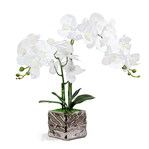 LIVILAN Orchid with Silver Vase Artificial Flowers White Fake Orchid Plant Phalaenopsis Orchid Artificial Arrangements Flower Bonsai with Silver Ceramic Pot for Party Home Decor Table Centerpieces