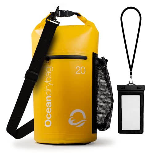 Ocean Dry Bag 20L Waterproof, Sunshine Yellow – All Weather Durable Lightweight Floating Back Pack Drybag – Marine Dry Bags for Kayaking, Boating, Scuba Diving, Rafting – Free Mobile Phone Case