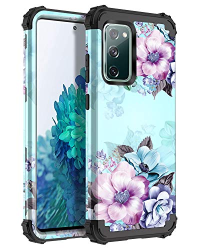 Casetego Compatible with Galaxy S20 FE 5G&4G Case,Floral Three Layer Heavy Duty Sturdy Shockproof Full Body Protective Cover Case for Samsung Galaxy S20 FE,Blue Flower.