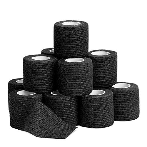 12 Pack Self Adherent Cohesive Wrap Bandages – 2”Wide, 5 Yards – All Sports Athletic Tape | Elastic Self Adhesive Tape | Breathable Wound Tape | First Aid Stretch, Cover All Tape(Black)