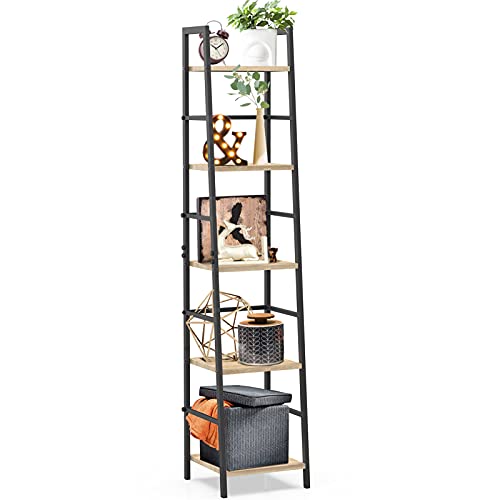 SpringSun 5-Tier Ladder Shelf Bookcase, Living Room Rustic Standing Shelf Storage Organizer, Wood and Metal Shelf for Home and Office