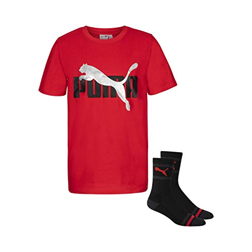 PUMA boys Graphic T-shirt & Crew Sock Set T Shirt, High Risk Red, Large US
