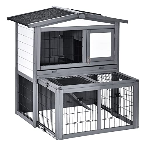 PawHut Wooden 2 Story Rabbit Hutch Bunny Cage with Slide-Out Run, Openable Roof, Lockable Doors, Ramp and No Leak Tray for Outdoor, Grey, and White