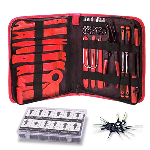 Dualeco Trim Removal Tool Set 102Pcs, Car Trim Puller Tool Kit, Plastic Pry Tools Set for Trim/Panel/Door/Audio, Auto Clip Pliers/Fastener Remover Set, Car Terminal/Stereo Removal Tool, Red