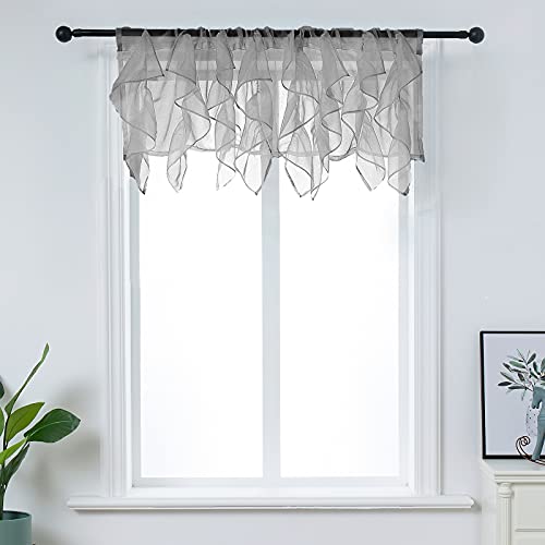 PearAge Ruffled Voile Semi Sheer Curtain Valance, Kitchen Living Room Shabby Chic Ruffle Valance Curtains, Girls Daughters Bedroom Cascade Window Valance Grey 50×16 Inches