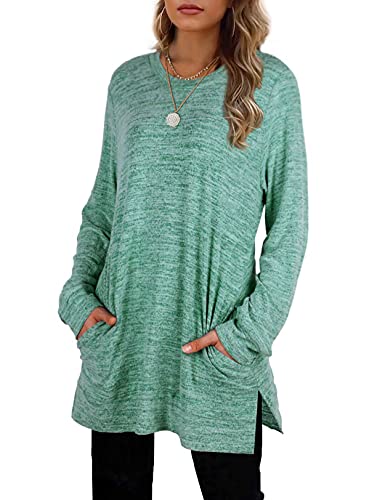 Bolomi Womens Casual Sweatshirts Long Sleeve Pullover Shirts Round Neck Oversized Tunic Tops with Pockets Lake Green Small