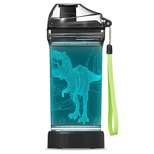 YuanDian Light Up Kids Water Bottle with 3D Dinosaur Tyrannosaurus Rex Design- 14 OZ Tritan BPA Free Eco-Friendly – Cool Drinking Cups Gift for School Kids Boy Girl Child Christmas Holiday