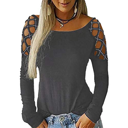 Andongnywell Womens Strappy Cold Shoulder Tops Casual Loose Basic T Shirts Round neck long-sleeved blouse (Gray,5X-Large)