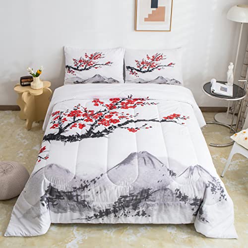 Japanese-Style Comforter Set Red Cherry Blossoms Printed Down Comforter,Adult Women Girls Mount Fuji Pattern Quilted Duvet Ink Painting Black White Stylish Simple Soft Breathable Duvet Insert, Queen