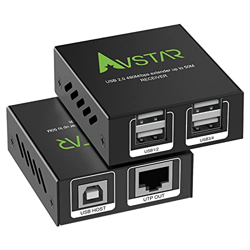 USB Extender 165ft/50m Over Cat5e/6, 4 USB 2.0 Ports, USB Over Ethernet Extension,Two Webcam Work Sync,Plug and Play, No Driver,for Windows,MacOS,Android,Linux，1.5m USB Cable,5V Power AVUSB50