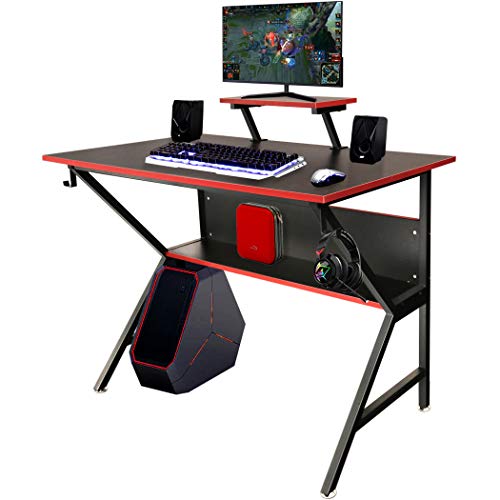 LAVIEVERT Ergonomic Gaming Desk Home Office PC Computer Desk K-Shaped Professional Gamer Table Workstation with Adjustable Monitor Stand & Storage Shelf – Black