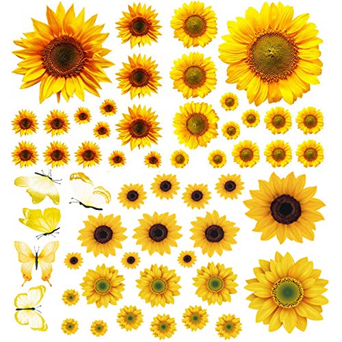Sunflower Wall Sticker Removable Yellow Flowers Decal Waterproof 3D Floral Butterfly Wall Sticker DIY Decor for Kids Baby Bedroom Living Room Bathroom Nursery Decoration