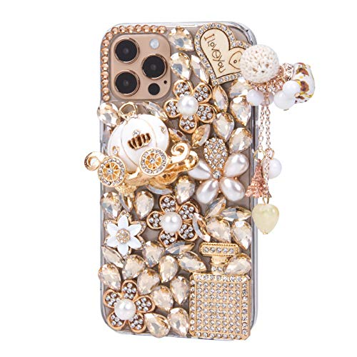 iFiLOVE for iPhone 12 Pro Max Bling Case, Girls Women 3D Luxury Sparkle Glitter Diamond Crystal Rhinestone Pumpkin Car Charm Pendant Protective Case Cover for iPhone 12 Pro Max 6.7 inch (Champagne)