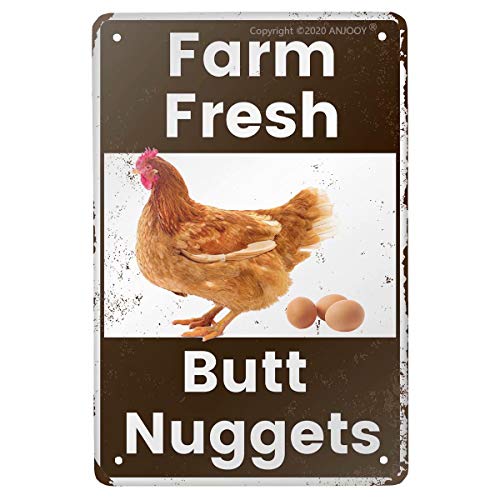ANJOOY Vintage Metal Tin Sign – Farm Fresh Butt Nuggets -Chicken Egg Sale Market Farm Barn Bathroom Yardr Themed Gifts Rustic Poster Art Retro Decor 8×12 Inch