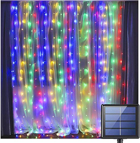 Solar Curtain String Lights Outdoor, AMZSTAR Waterproof 300LED Fairy Window String Lights Twinkle Solar Lights 8 Modes Wedding Party Home Garden Bedroom Outdoor Indoor Wall Decorations (Multicolor)