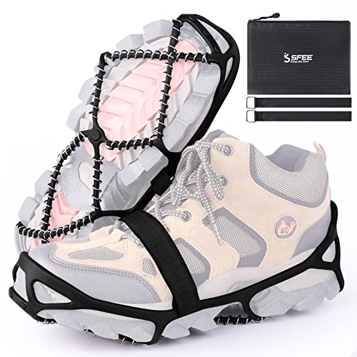 Sfee Ice Cleats Ice Grippers for Shoes and Boots, Crampons Traction Cleats for Walking on Snow and Ice Anti-Slip Flexible Footwear Snow Grips for Walking Climbing Hiking Jogging with 2 Straps