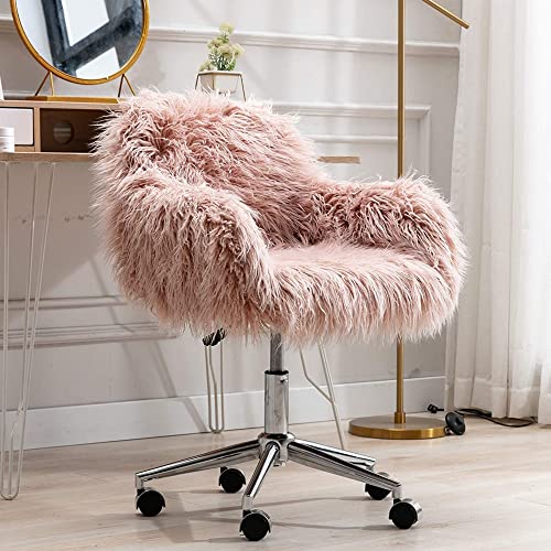 Recaceik Faux Fur Vanity Chair, Pink Arm Chrome Base Office Compact Padded Seat, Upholstered Decorative Furniture Ottoman Desk Chairs for Teens Girls, Living Room, Bedroom and Dressing Room