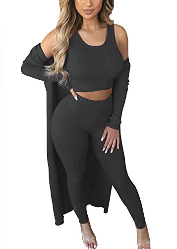 Cosygal Women’s Crop Tank Top Long Cardigan Pencil Pants Tank Coat Three Piece Sets Outfit Set Black X-Large