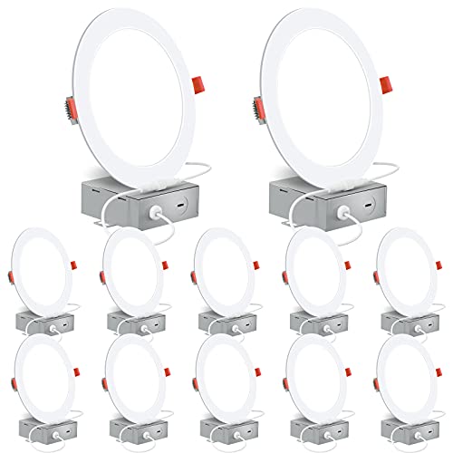 Energetic 12 Pack Slim LED Recessed Lighting, 6 Inch with Junction Box, 4000K Cool White Canless Downlight, 12W=110W Eqv, Dimmable LED Ceiling Lights, 850LM, ETL Certified